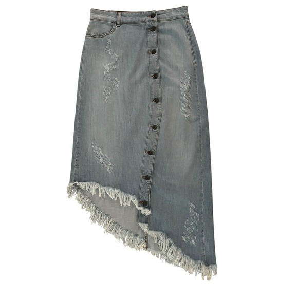 Retrofete Dresses & Skirts - Retroféte Skirt Small Denim Button Midi Jeans Asymmetrical Distressed Fringe Hem